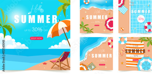 Set of summer social media post template with space for text. for poster  invitation and cover with tropical leaves  shapes and textures