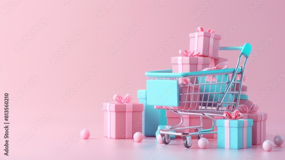 Simplified Shopping: Minimalist 3D Cartoon-Style Illustration of Online Shopping with Digital Cart and Packages