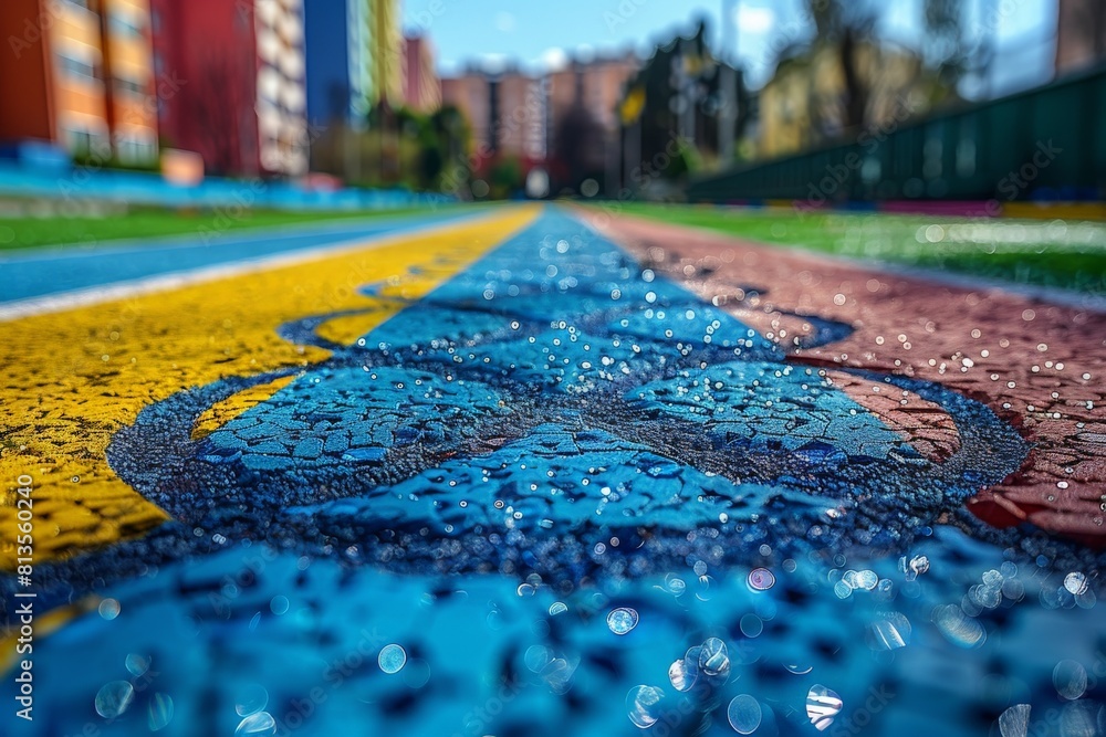 Fototapeta premium Wet running track with a variety of colors and water drops, buildings in the background
