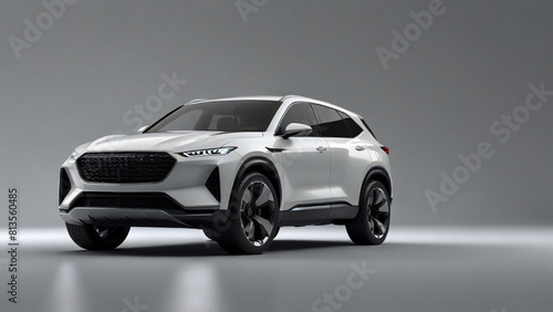 White color SUV car Stand with a front and side view in big empty room with dark background