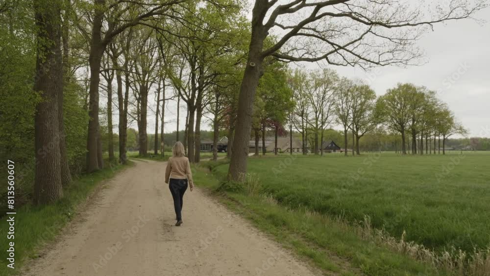 Woman walking down treelined road in Millingen Woman walking down treelined road in Millingen