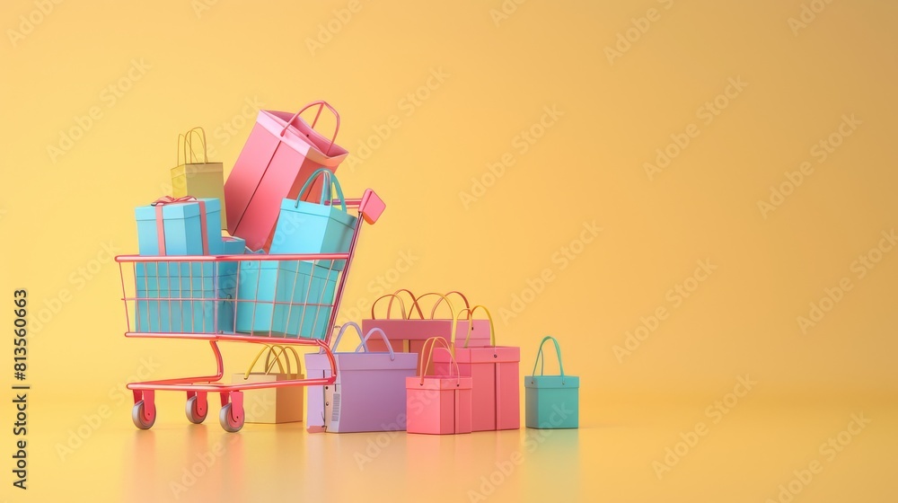 Obraz premium Simplified Shopping: Minimalist 3D Cartoon-Style Illustration of Online Shopping with Digital Cart and Packages