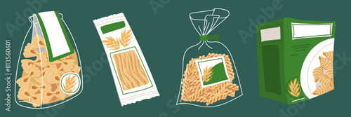 24,04,9,2A set of Italian pasta in various packages. Paper box, plastic bags. A flat vector illustration designed for storage. For culinary topics and food marketing. Isolated collection on blue in a 
