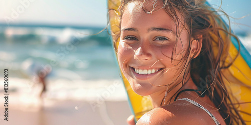 Portrait, woman and surfing board, beach and summer training, freedom and happiness outdoors