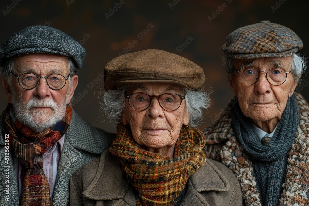 In a dignified portrait against autumnal tones, three elderly persons sport vintage hats, glasses, and scarves, looking solemnly at the camera In a dignified portrait against autumnal tones, three elderly persons sport vintage hats, glasses, and scarves, looking solemnly at the camera