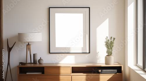 Cadre décoratif, mock up au dessus d'un bureau. Intérieur, décoration, contour bois. Mock-up, créatif. Pour conception et création graphique.