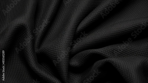 Black textile close up. Abstract artwork of close up of luxury cloth with smooth texture and dark color. High resolution fabric texture for background, fashion, and material concept design. AIG35.