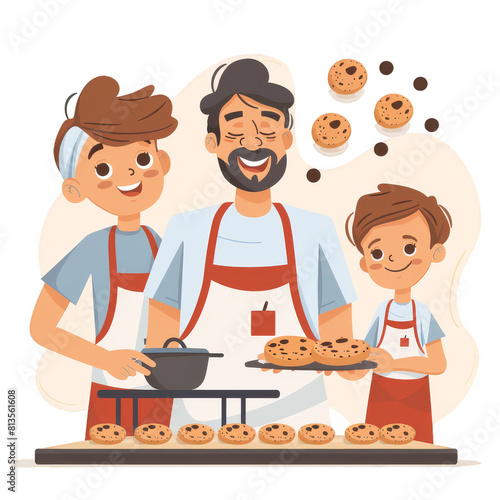 A father and child are baking cookies together in a cartoon illustration