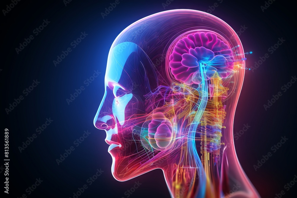 3D illustration of a human head and brain with a glowing effect. 3D illustration of a human head and brain with a glowing effect.