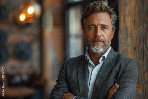 A dignified mature man with grey hair and a beard poses with crossed arms in a well-tailored suit