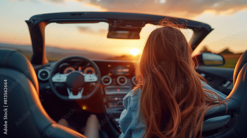 Fototapeta premium Woman Sitting in Convertible Car at Sunset