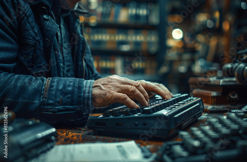 Business man typing computer office business stock video royaltyfree footage style of postinternet aesthetic dark navy light emerald olympus mzuiko digital ed 1240mm f28 pro photo taken nikon d750 tex photo