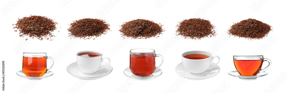 Heaps of rooibos and cups with brewed tea isolated on white, set Heaps of rooibos and cups with brewed tea isolated on white, set