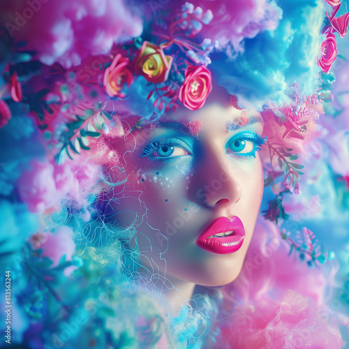 This image features a rich, colorful blend of abstract shapes and floral patterns with a dreamy, surreal vibe