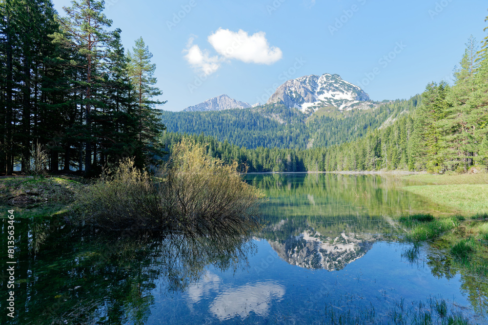 Black Lake in National Park Durmitor in Montenegro. Unesco protected area. Vibrant colors. Reflection of the mountain in the water. Snow in the peaks. Holidays in nature. Forest around the lake. Black Lake in National Park Durmitor in Montenegro. Unesco protected area. Vibrant colors. Reflection of the mountain in the water. Snow in the peaks. Holidays in nature. Forest around the lake.
