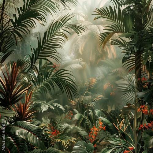 A scene of dense tropical foliage bathed in a soft mist  capturing a mysterious mood