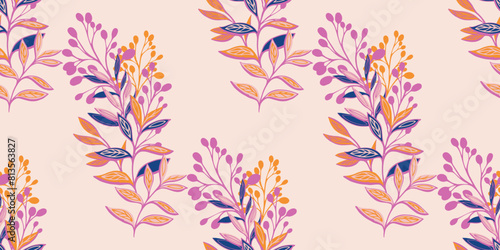 Colorful artistic abstract leaves and branches seamless pattern. Vector hand drawn. Creative bouquets floral stems printing on a light background. Template for designs, textile, fabric