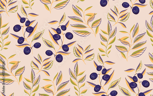 Abstract branches with leaves and creative olives berries seamless pattern. Colorful printing with decorative floral stems. Vector hand drawn sketch. Template for textile, fabric,