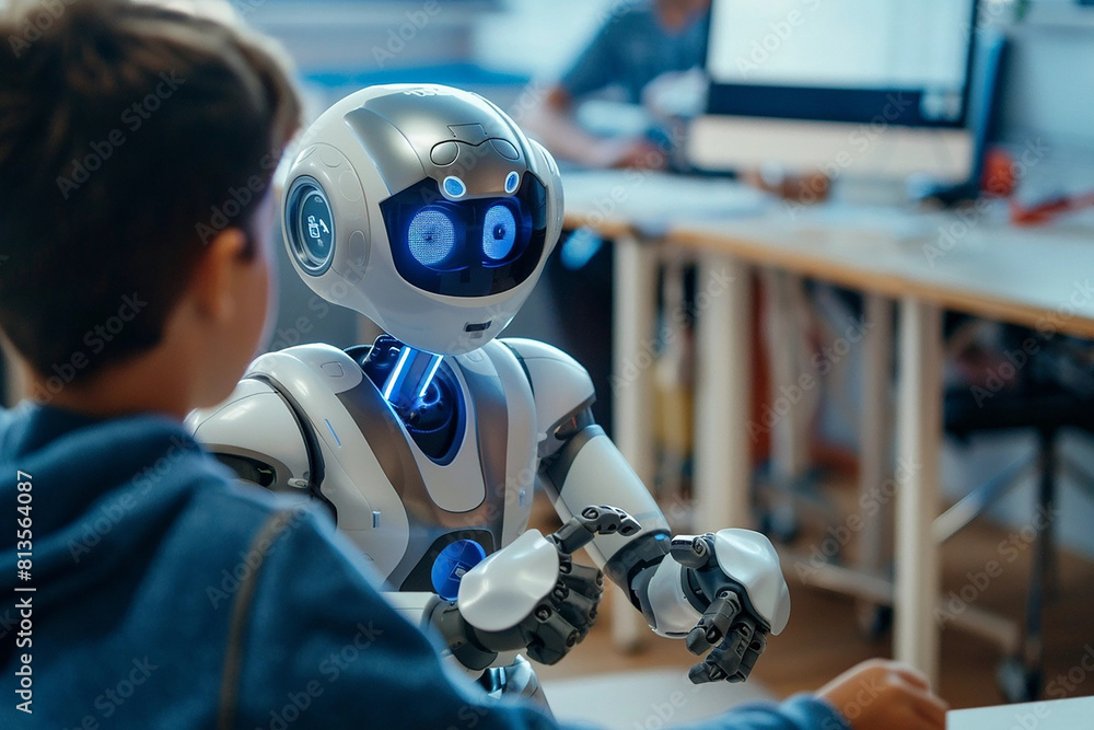 Humaniod Robot learning and talking with a boy in classroom Humaniod Robot learning and talking with a boy in classroom