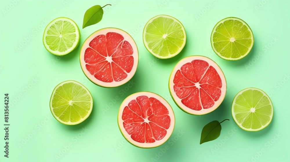 Close-up of fresh citrus fruits. Sliced grapefruit and lime on green background. Close-up of fresh citrus fruits. Sliced grapefruit and lime on green background.