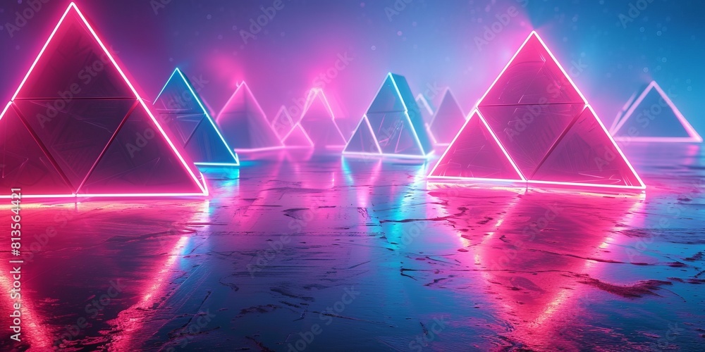 Neon High Tech Surface with Triangular Pyramids. Illuminated Neon High Tech Surface with Triangular Pyramids. Illuminated