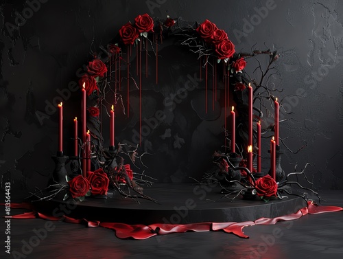 A gothic horrorthemed 3D podium on a deep black backdrop, adorned with red roses, thorns, and dripping candles, offering a dramatic setting for Halloweenthemed products photo