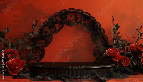 A gothicinspired 3D podium on a deep orange background, adorned with black lace and red roses, suitable for a dramatic, romantic Halloween product presentation photo