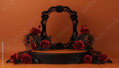 A gothicinspired 3D podium on a deep orange background, adorned with black lace and red roses, suitable for a dramatic, romantic Halloween product presentation photo