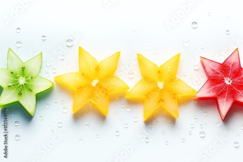 Four starfruit slices in a row on white background, starfruit is a tropical fruit that is high in vitamin C and fiber. photo