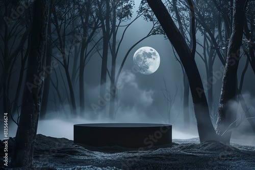 A sleek, shadowy Halloween setup with a black 3D podium centered in a misty, moonlit forest backdrop, perfect for displaying mystical or horrorthemed products