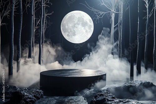 A sleek, shadowy Halloween setup with a black 3D podium centered in a misty, moonlit forest backdrop, perfect for displaying mystical or horrorthemed products photo