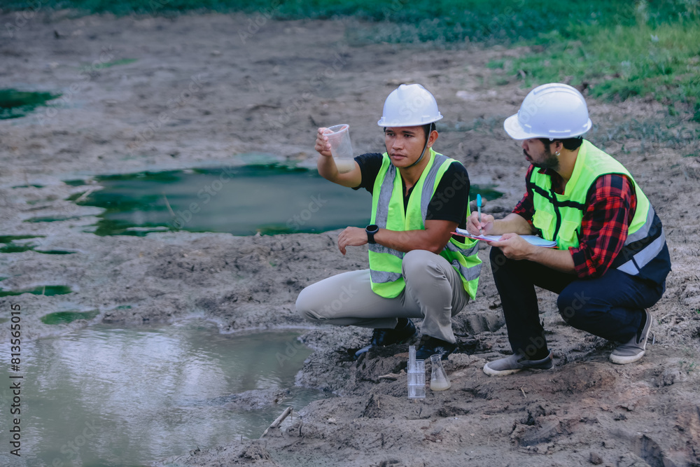 Environmental engineers work at wastewater treatment plants,Water supply engineering working at Water recycling plant for reuse,Technicians and engineers discuss work together