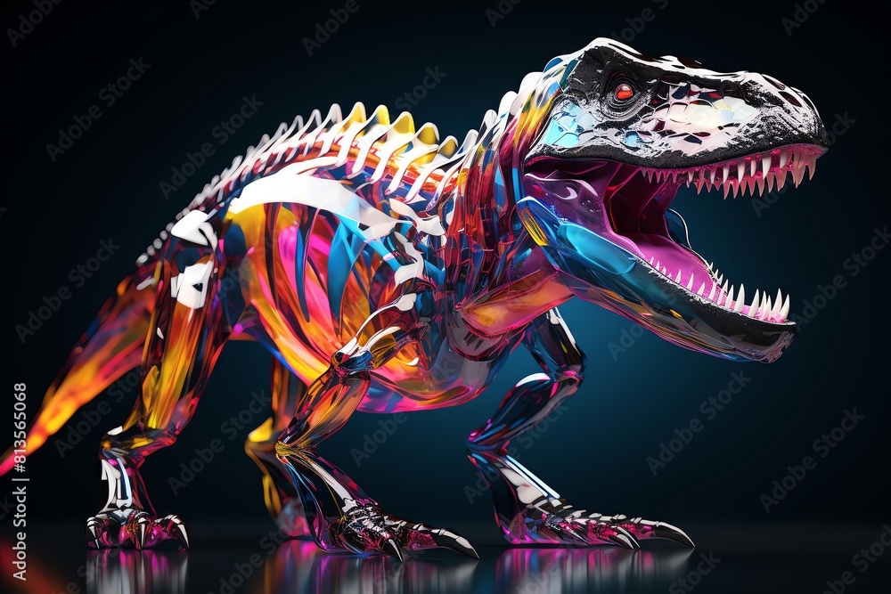The image is a 3D rendering of a Tyrannosaurus Rex skeleton. The skeleton is made of glass and has a rainbow iridescence. The background is black. The image is a 3D rendering of a Tyrannosaurus Rex skeleton. The skeleton is made of glass and has a rainbow iridescence. The background is black.