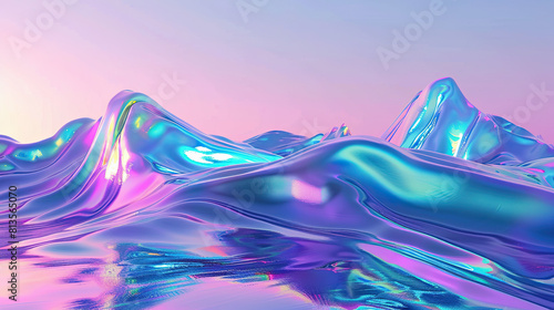 Iridescent liquid metal surface with ripples. 3d illustration. Abstract fluorescent background photo