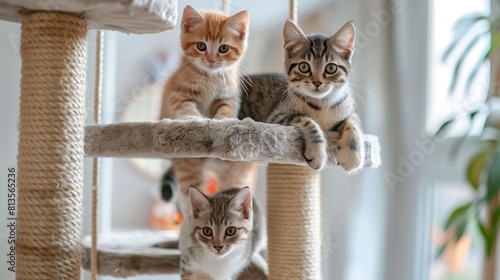 Three Adorable Cat Playing on Cat Climber, Joyful and Playful Pet Activity
