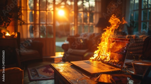 A home's tranquil interior is disturbed by the ominous sight of a laptop ablaze due to a malfunctioning battery. photo