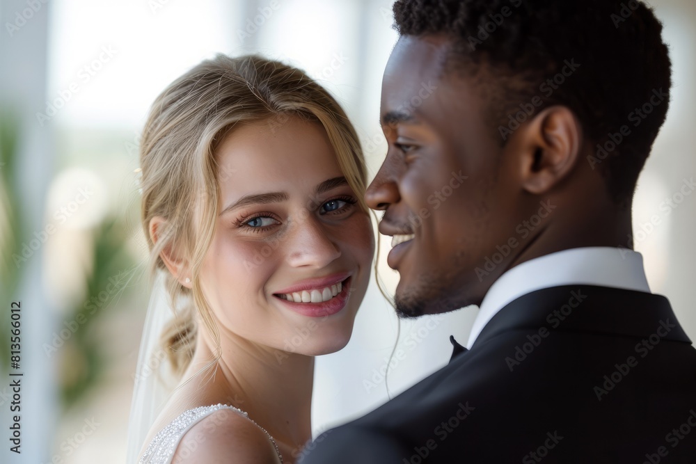 An exquisite portrayal of a multicultural love story between an African man and European woman at their blended wedding, symbolizing unity amid diversity. An exquisite portrayal of a multicultural love story between an African man and European woman at their blended wedding, symbolizing unity amid diversity.