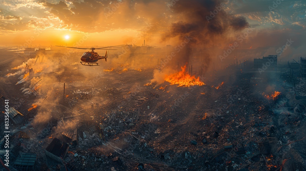 Fototapeta premium The consuming fire's remnants sketch a destruction tableau, transforming the bucolic countryside into a desolate expanse of ash and rubble.