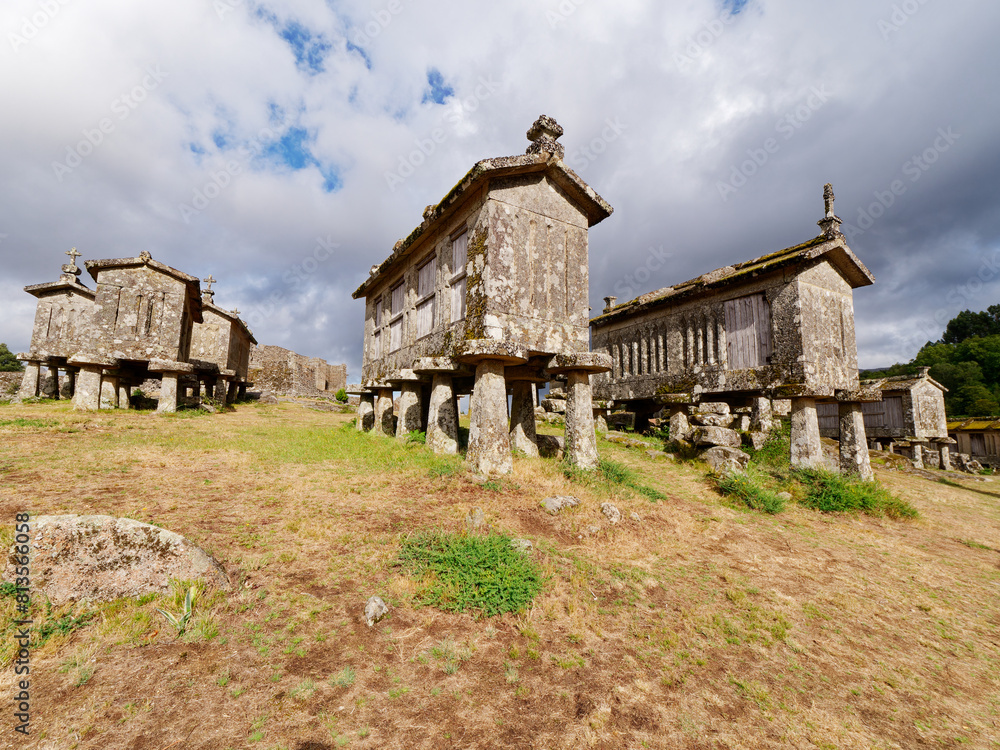 Lindoso Granaries or Espigueiros de Lindoso in Portugal. These narrow stone granaries have been used to store and dry out grain for hundreds of years.