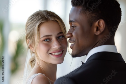 An exquisite portrayal of a multicultural love story between an African man and European woman at their blended wedding, symbolizing unity amid diversity.