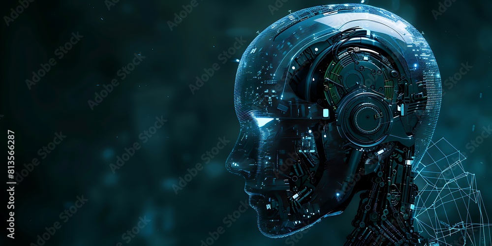 Robot Head on Dark Background with Computer, Robot head, dark background, computer Robot Head on Dark Background with Computer, Robot head, dark background, computer