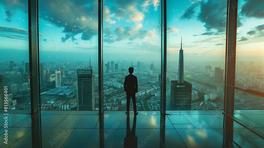Fototapeta premium Successful Business Person at Office Building, Successful business person, office building, landscape