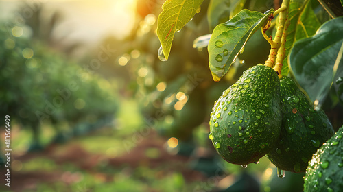 Ripe avocados in garden with sun rays