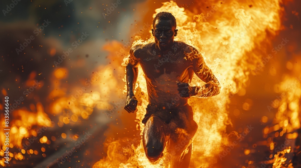 In a ghastly display of dissent, a man of African descent runs, his form engulfed in hot flames - a horrifying act of self-immolation. In a ghastly display of dissent, a man of African descent runs, his form engulfed in hot flames - a horrifying act of self-immolation.