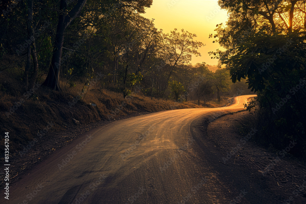 Obraz premium The warm glow of golden hour illuminating a winding rural road lined with trees. The minimalist composition, with just the road and colorful sky, conveys a sense of journey and adventure