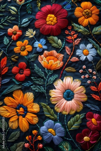 Embroidery of colorful flowers on fabric  machine embroidery