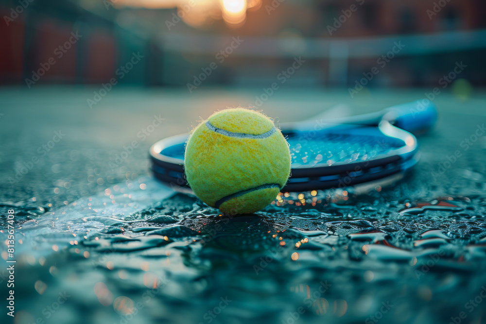 Tennis ball and racket on a green court, focusing on the equipment and playing surface details