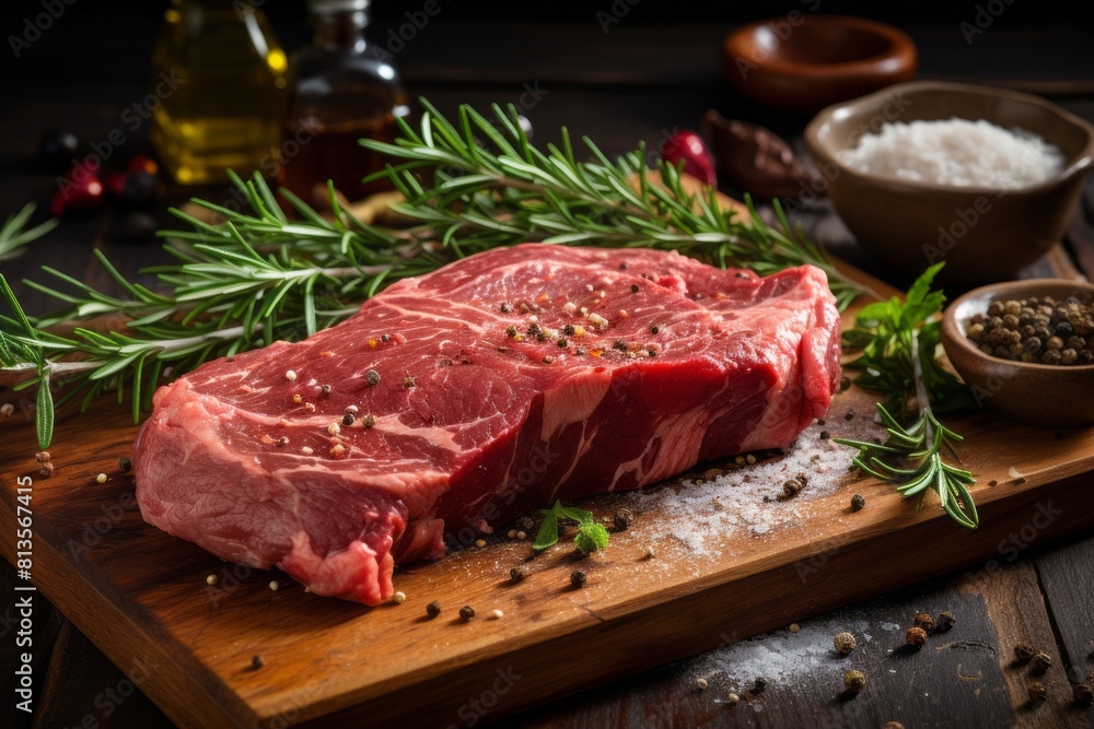 High-quality of a premium raw beef steak ready for grilling, presented on a marble countertop with kitchen knives and rosemary, Food Concept