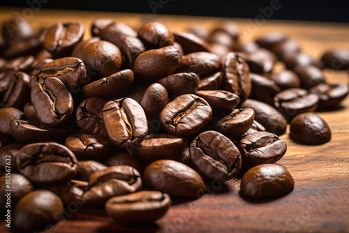 Close up coffee grain on natural wood background showcasing the rich, dark grain patterns, perfect for a rustic or organic setting, Food Concept