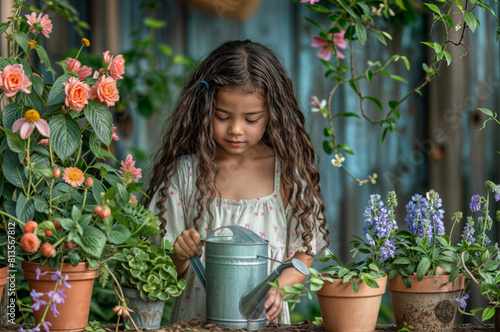 Small black girl with watering can and flower pots. Cute african kid in spring or summer backyard. Happy child, work in garden. Farm girl, environment concept. Flower care girl. Kid with watering can